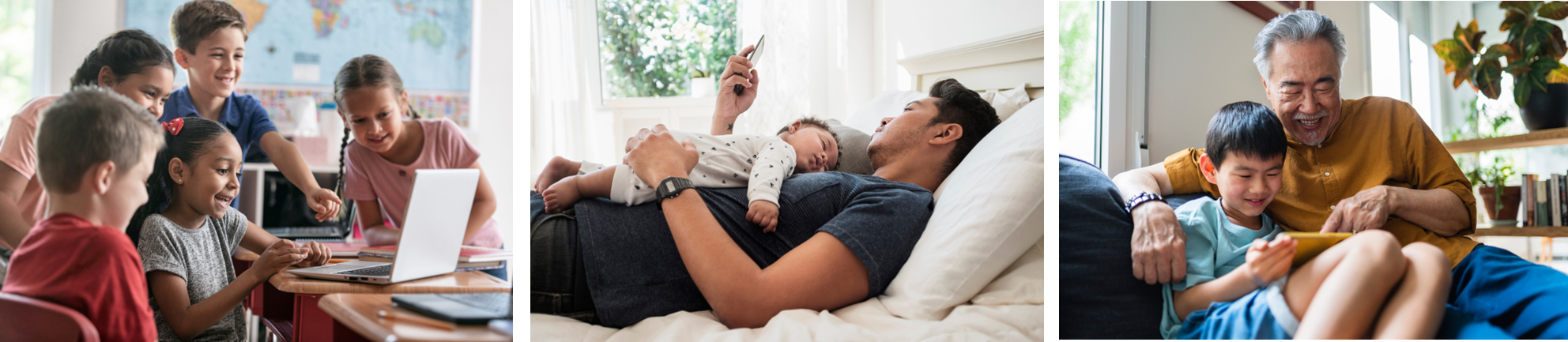 Images of children and families on computers smiling. 
